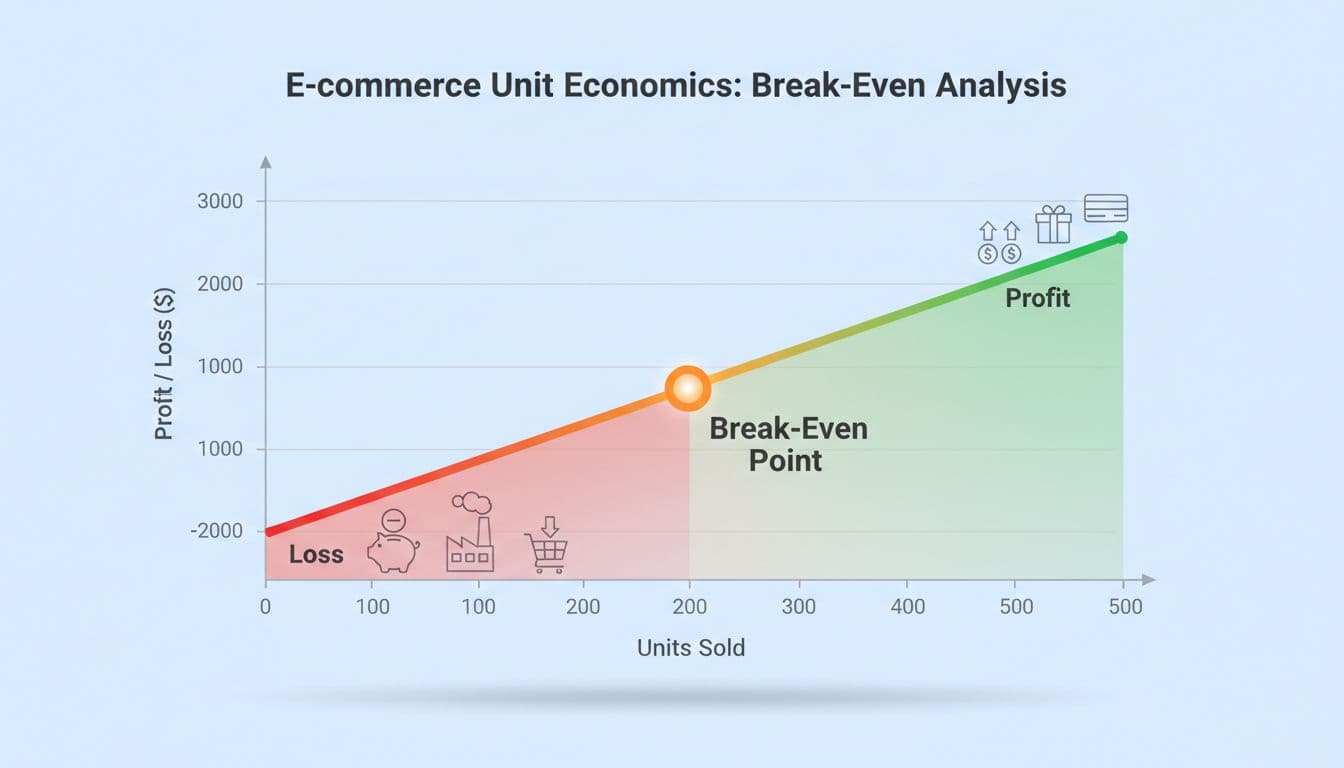 Clean, flat-vector illustration of a break-even chart for small ecommerce brands, showing units sold on x-axis and profit/loss on y-axis, with a line crossing at the highlighted break-even point.