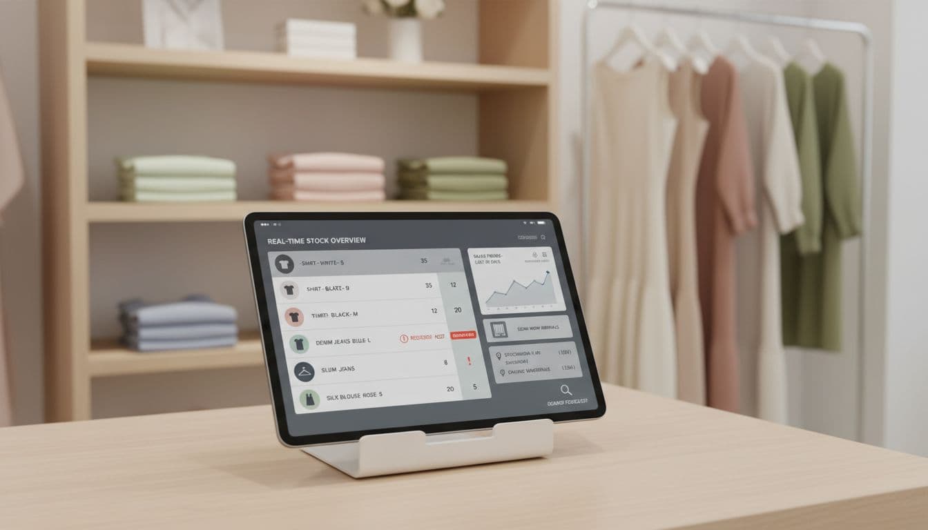 Clean, modern instructional image of a tablet dashboard for inventory software in a boutique setting, displaying real-time apparel stock levels, reorder alerts, sales trends graph, and barcode scanner integration amid neatly folded clothes.