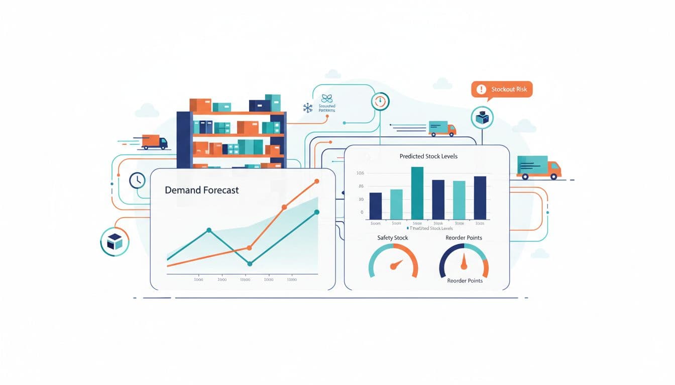 Modern vector-style infographic depicting a dashboard for predictive analytics in inventory management within a 2025 eCommerce warehouse. It features interactive charts for demand forecasts, stock levels, and real-time data streams connecting warehouse elements.