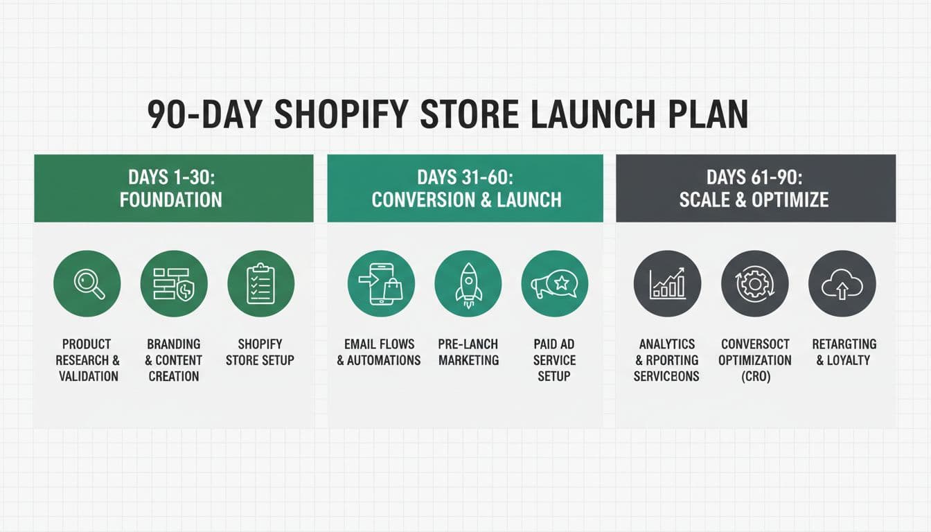 A clean, modern horizontal timeline infographic mapping a 90-day launch plan for a new Shopify store, divided into three phases: Foundation (Days 1-30), Conversion & Launch (Days 31-60), and Scale & Optimize (Days 61-90), with key milestones and icons.