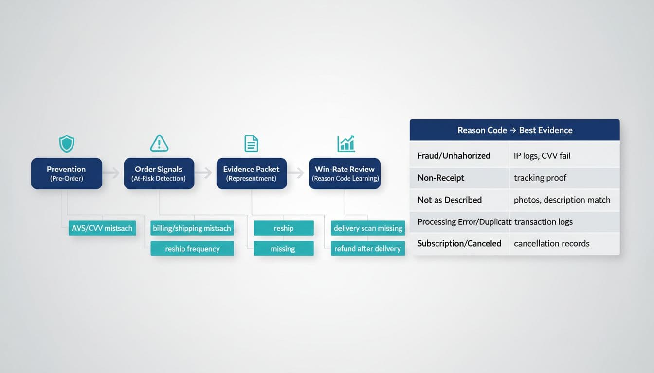 Professional SaaS-style infographic featuring a 4-stage flowchart for ecommerce chargeback prevention on Shopify, including prevention, at-risk detection, representment evidence, and win-rate review, plus a reason code evidence matrix and risk signal callouts.