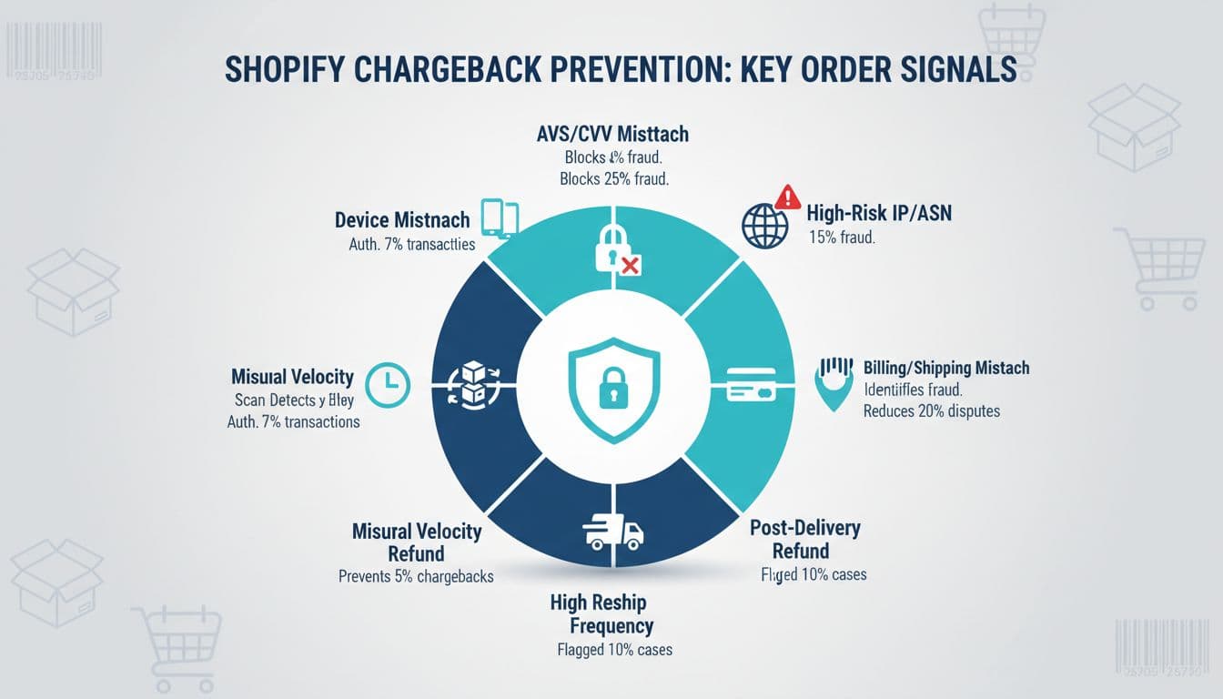 Professional infographic displaying key order signals for Shopify chargeback prevention in a circular risk wheel format around a central shield icon, featuring icons for AVS/CVV mismatch, high-risk IP, address mismatches, and more.
