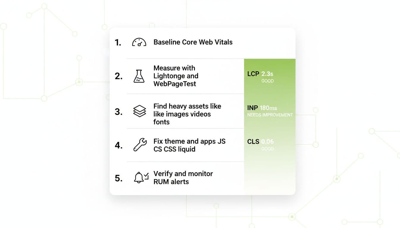 Clean modern 5-step flowchart infographic for Shopify ecommerce blog on product page speed audit, with Core Web Vitals icons, measurement tools, optimization steps, and example metrics in Shopify-green accents.