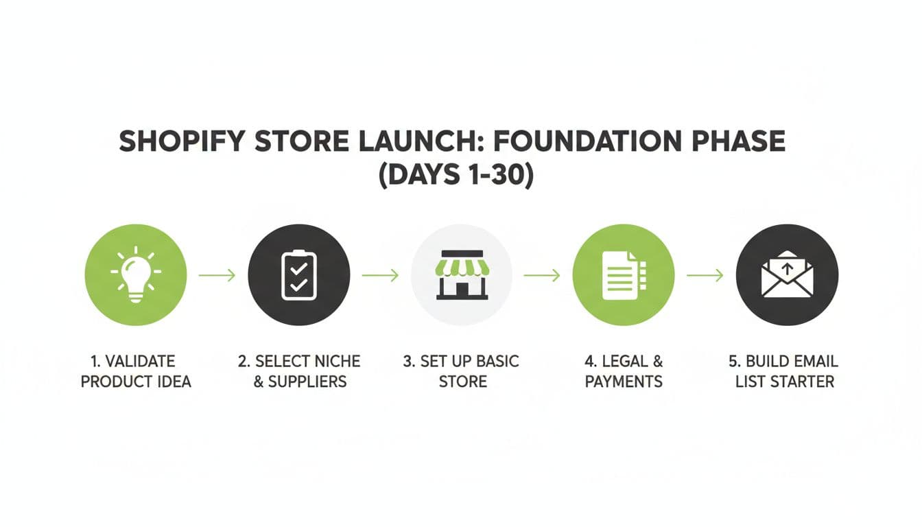 Clean modern infographic illustrating the key steps for the foundation phase (Days 1-30) of launching a Shopify store, including product idea validation, niche and supplier selection, basic store setup, legal and payments setup, and email list building.