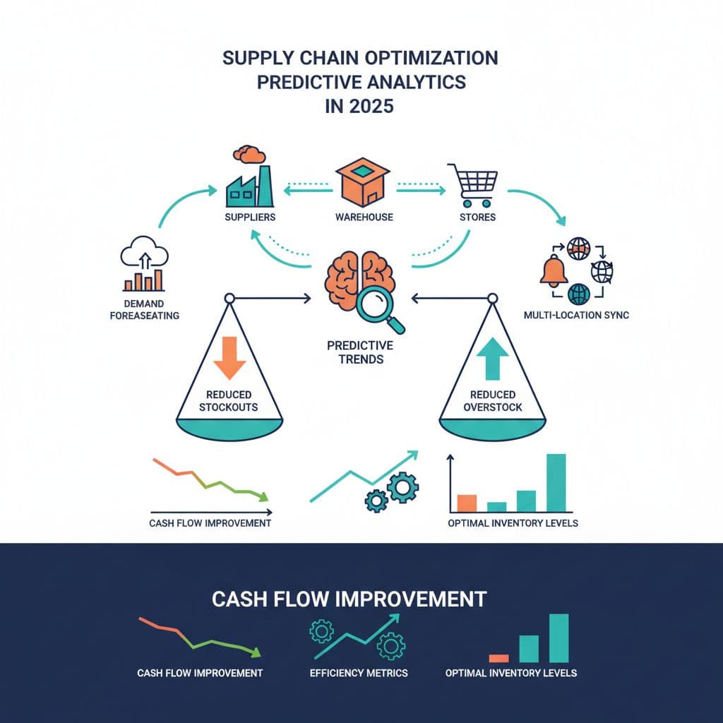 Clean, modern vector-style infographic illustrating supply chain optimization using predictive analytics in 2025, featuring balanced scales for optimal inventory, predictive charts reducing stockouts and overstock, and connected nodes for warehouses, suppliers, and stores.