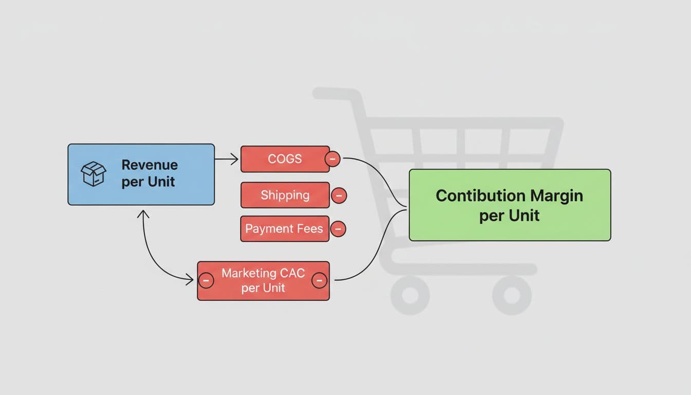 Minimalist flat-vector illustration explaining unit economics for small product brands, with revenue per unit flowing through cost subtractions to a glowing contribution margin per unit.
