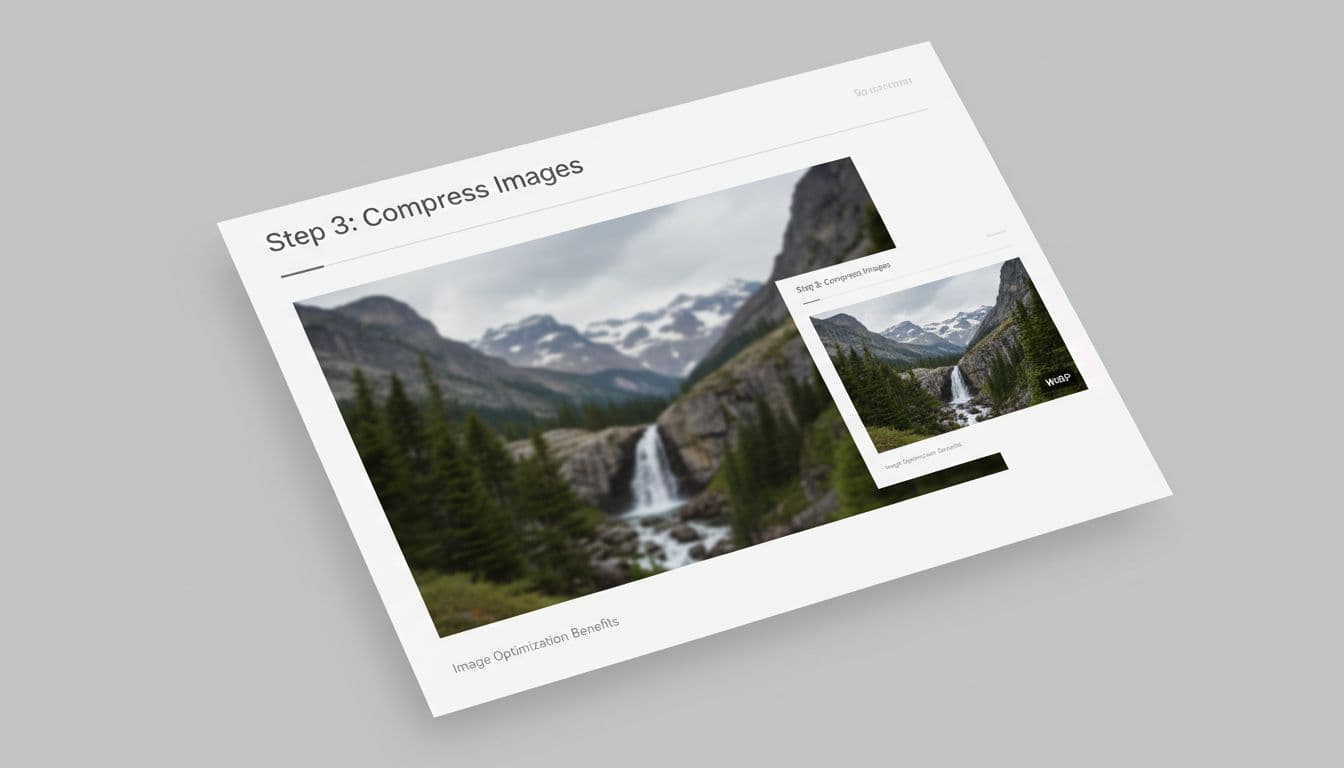 Side-by-side comparison on a simple angled webpage mockup: left shows oversized blurry photo, right displays compressed sharp WebP image, neutral background, clean modern infographic style without text labels.