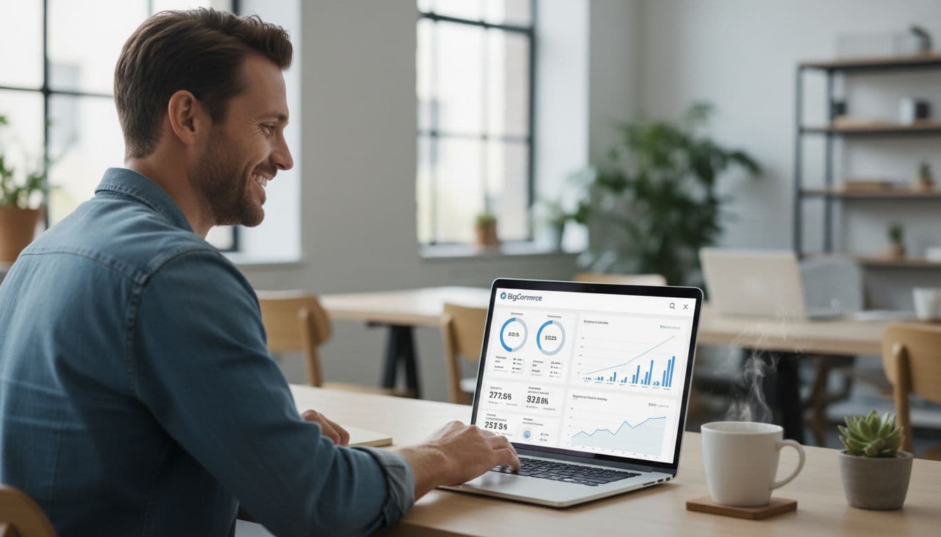 A happy e-commerce owner in a modern office reviews a smooth laptop dashboard for a BigCommerce store, displaying large product catalog metrics and charts showing stable sales growth, with coffee nearby and bright natural light.