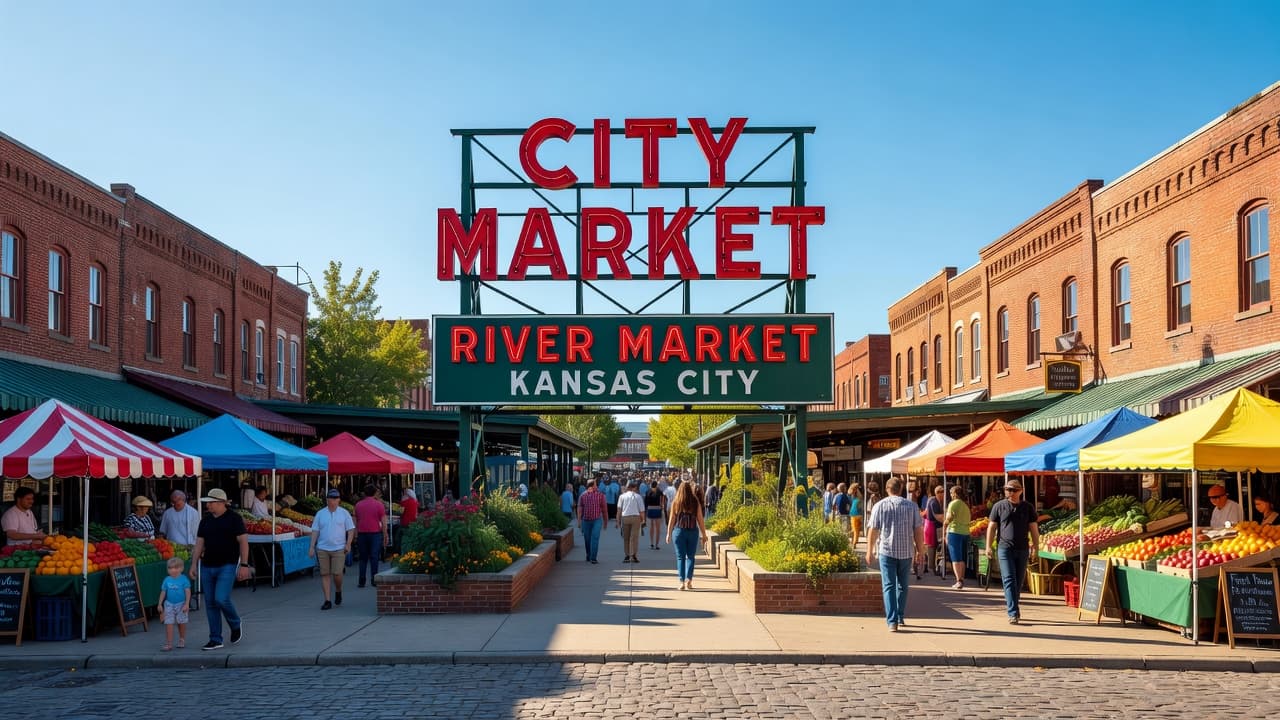 The iconic metal entrance sign stands against a bright, cloudless blue sky during a sunny weekend morning. Below the archway, the bustling district atmosphere begins to wake up in Kansas City.