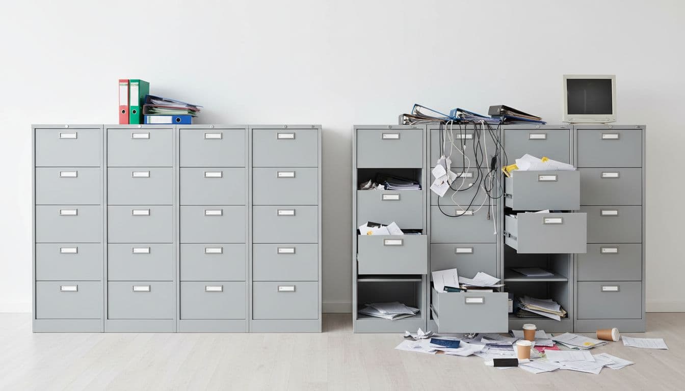 A realistic photo showing tidy, organized filing cabinets representing a clean database next to cluttered, messy ones illustrating a disorganized database, in a simple office setting with bright lighting, side by side, no people or text.