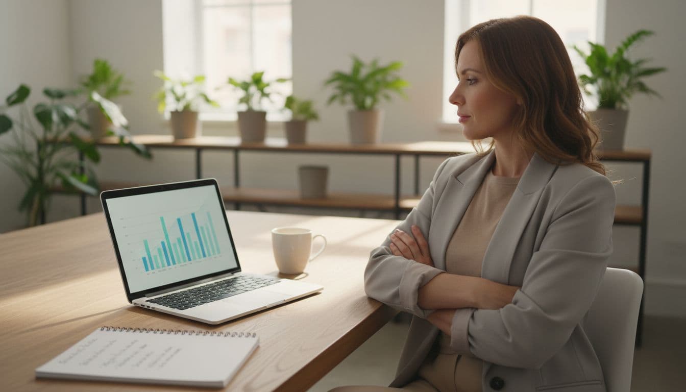 A confident e-commerce store owner sits relaxed at a modern office desk, viewing blurred charts on a laptop screen comparing e-commerce platforms, with nearby notes listing business types like small flexible stores and scaling operations.