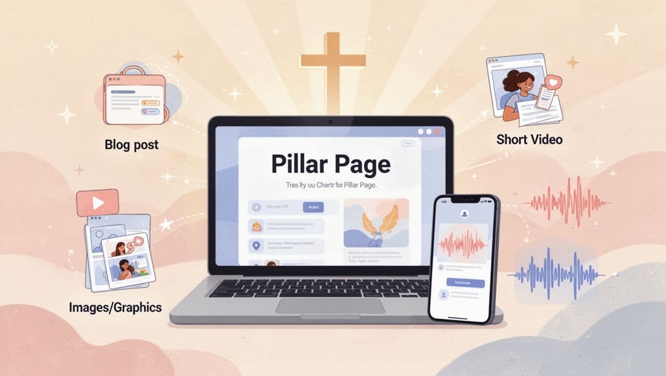 Cozy illustration of a content stack with a central pillar page on a laptop screen, surrounded by icons for blog post, short video on phone, images/graphics, and audio waveform. Soft pastel colors, faith-inspired elements like a cross or light rays in background, simple clean flat design.