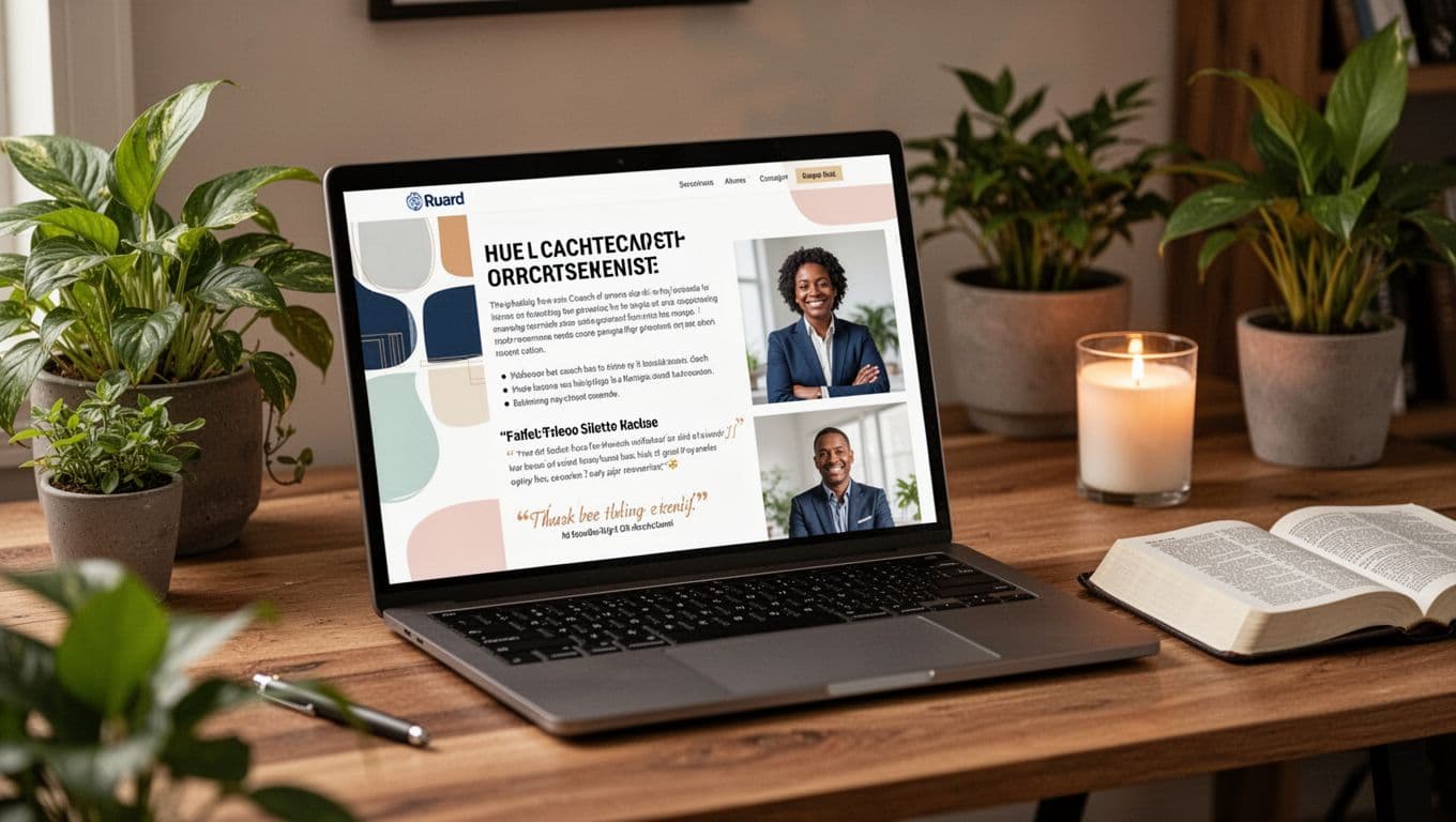 Simple home office with open laptop showing well-structured coaching webpage including short paragraphs, bold headings, bullet points, testimonials, and coach photo. Warm wood tones, green plants, candle, and Bible create an inviting, realistic interior focused on the angled screen.