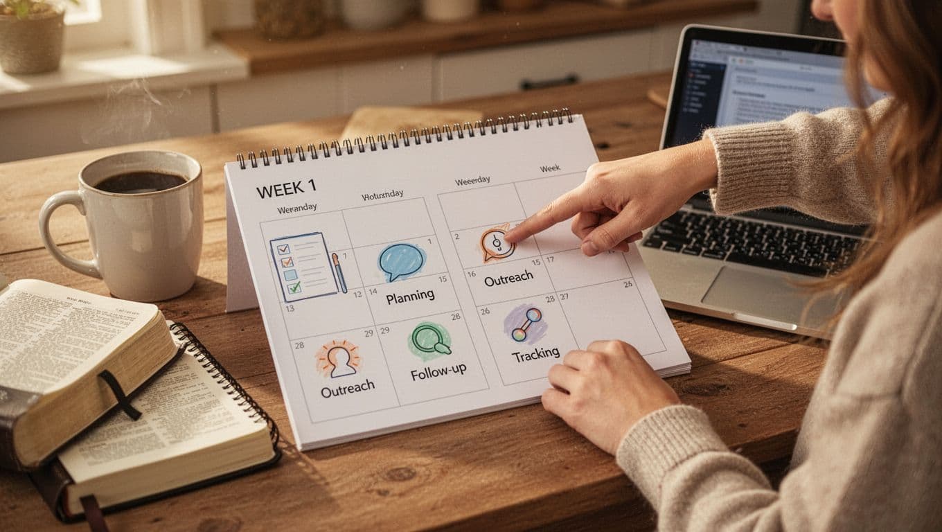 A realistic photo of a simple calendar planner on a cozy kitchen desk displaying four weeks with planning icons, gently pointed at Week 1 by a woman's hand, surrounded by coffee mug, Bible, notebook, and laptop in warm morning light.