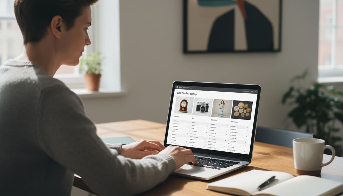 Professional store manager in modern office works on laptop showing bulk product editing dashboard for antiques and collectibles, with natural light and office accessories.