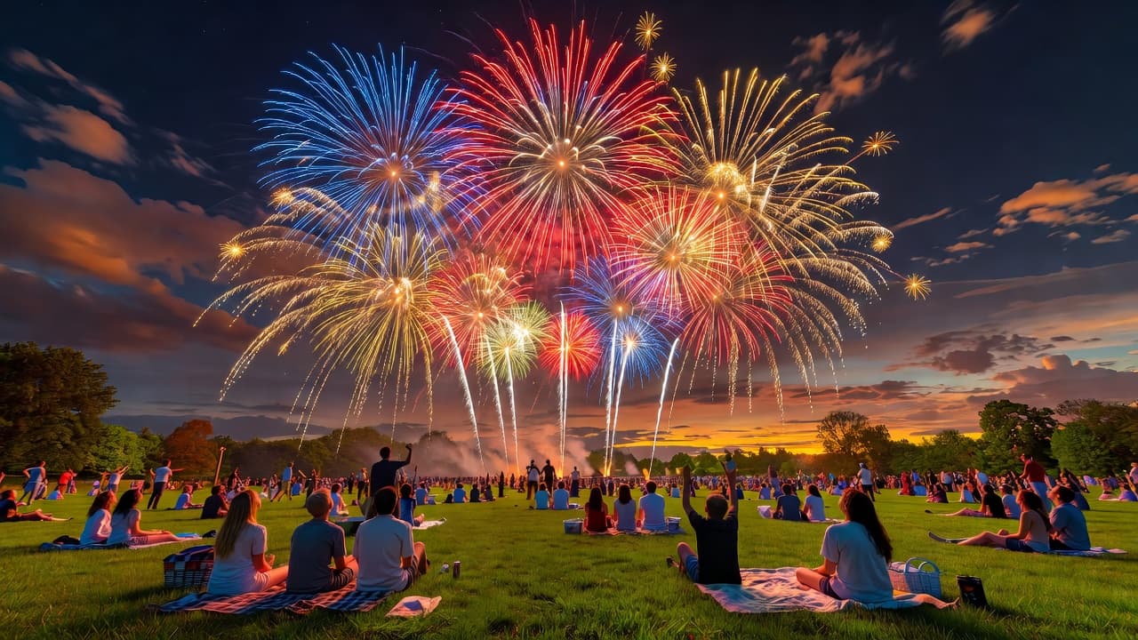 Bright, colorful explosions illuminate the night sky above a lush green park. In the foreground, small groups of people relax on picnic blankets under the warm glow of the celebration.