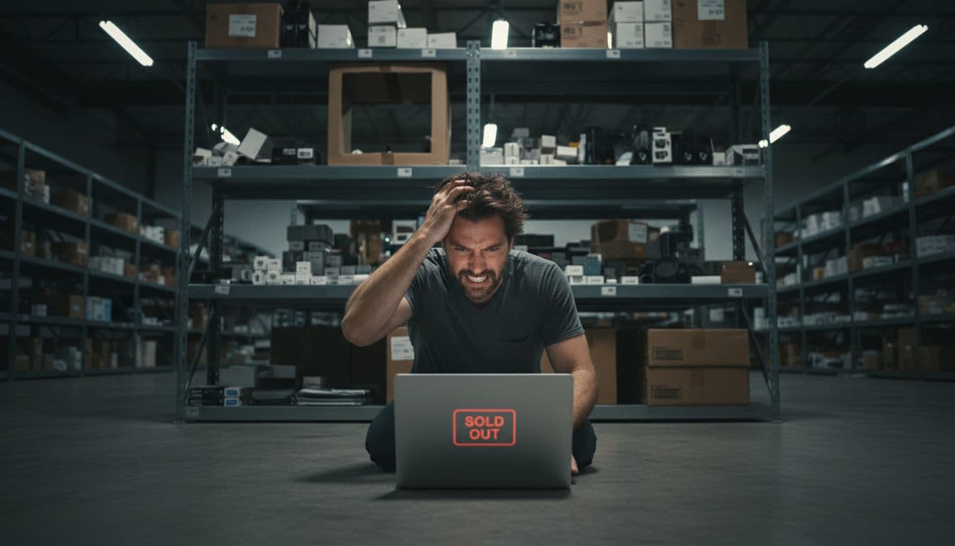 A stressed e-commerce store owner in a dimly lit warehouse views a sold-out alert for a unique item on her laptop, with an empty shelf behind her indicating the missing product.