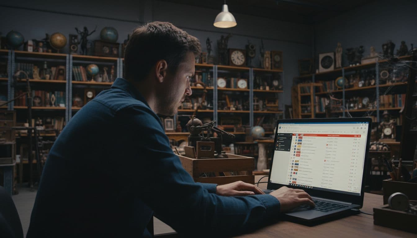 E-commerce store admin appears frustrated viewing a cluttered WordPress dashboard on a laptop screen, showing WooCommerce products list with error notifications, set against a warehouse background with unique antiques shelves.