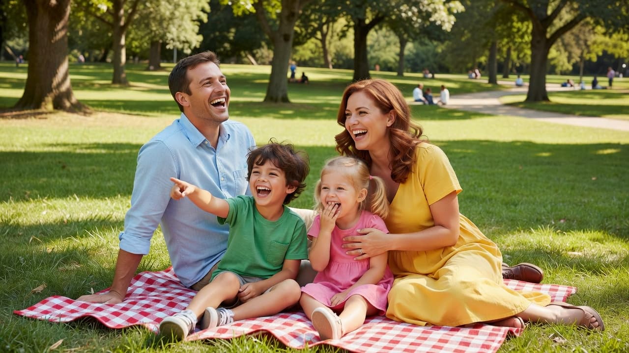 A cheerful family with two small children sits on a red checkered blanket on a lush green lawn. Sunlight illuminates their joyful expressions during a relaxing afternoon at the park.