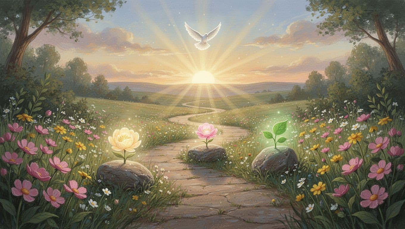 Gentle winding path through a blooming garden at dawn in soft painterly style, with subtle milestone stones symbolizing preparation, application, and growth, leading to a radiant horizon with golden rays and a faint dove silhouette, evoking a peaceful, hopeful faith-guided journey.