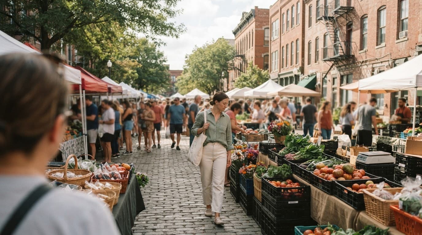 One shopper browses produce stalls beneath historic brick buildings in Kansas City.