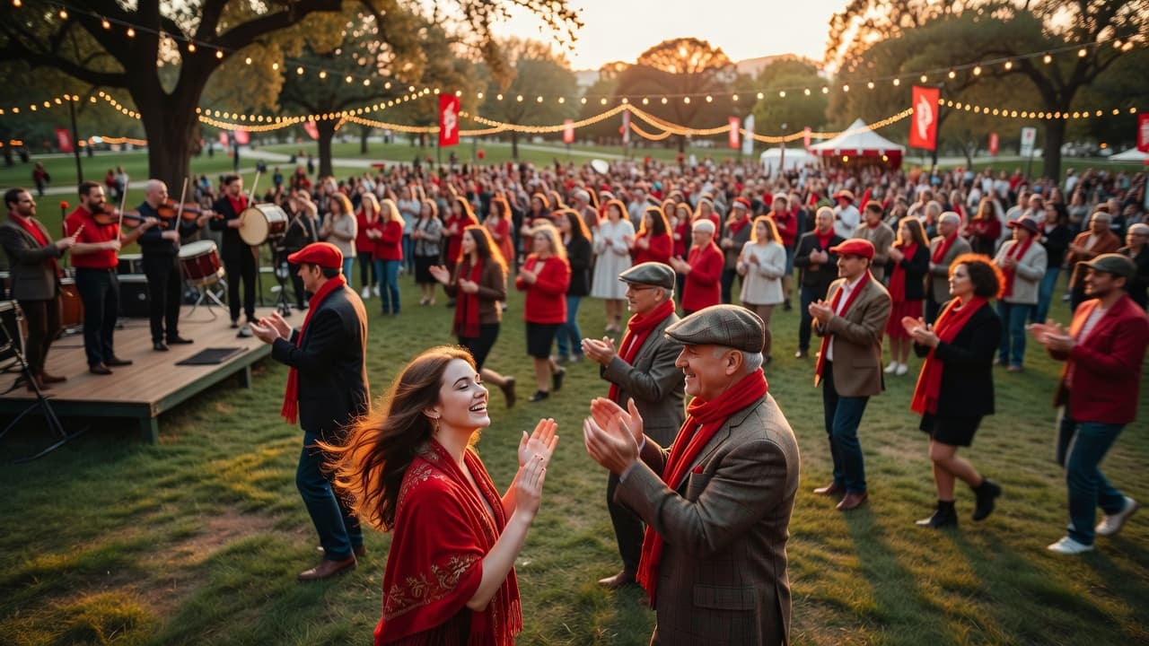 A vibrant outdoor crowd enjoys live music during a warm sunset at the park. Attendees in casual summer attire gather on the grass near stage areas illuminated by soft golden light.