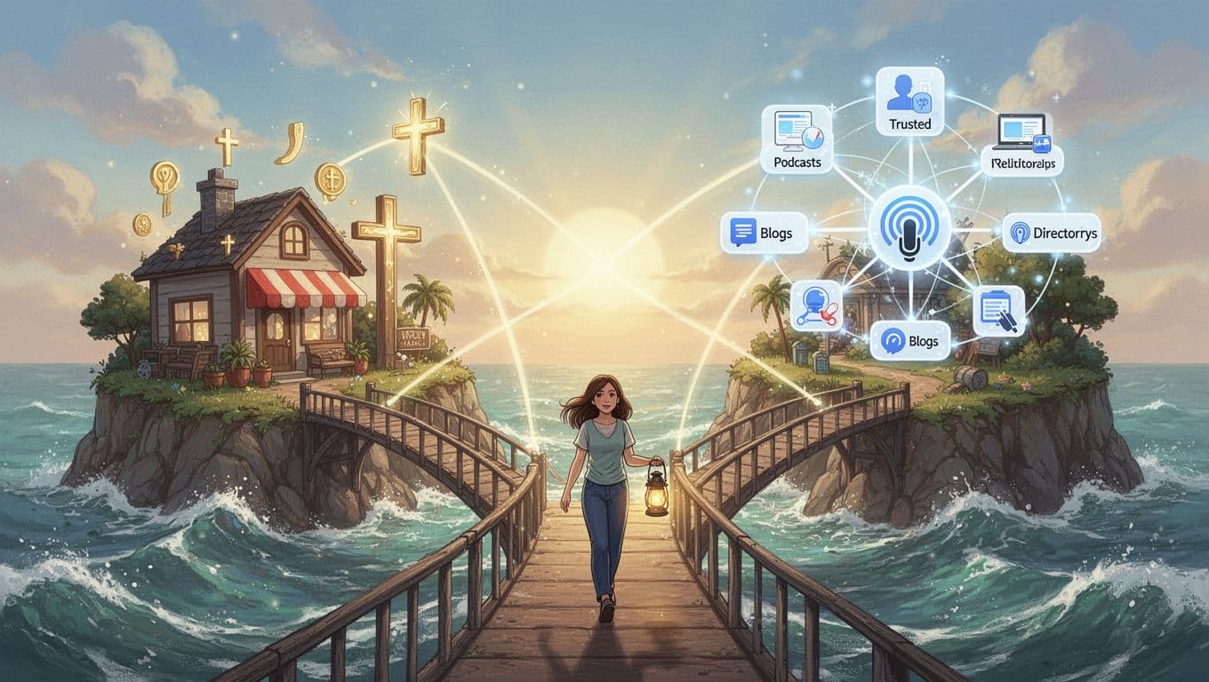 Whimsical digital illustration of glowing bridges linking a faith-based small business island to a trusted network of sites, with a confident woman walking across holding a lantern under a sunny sky.