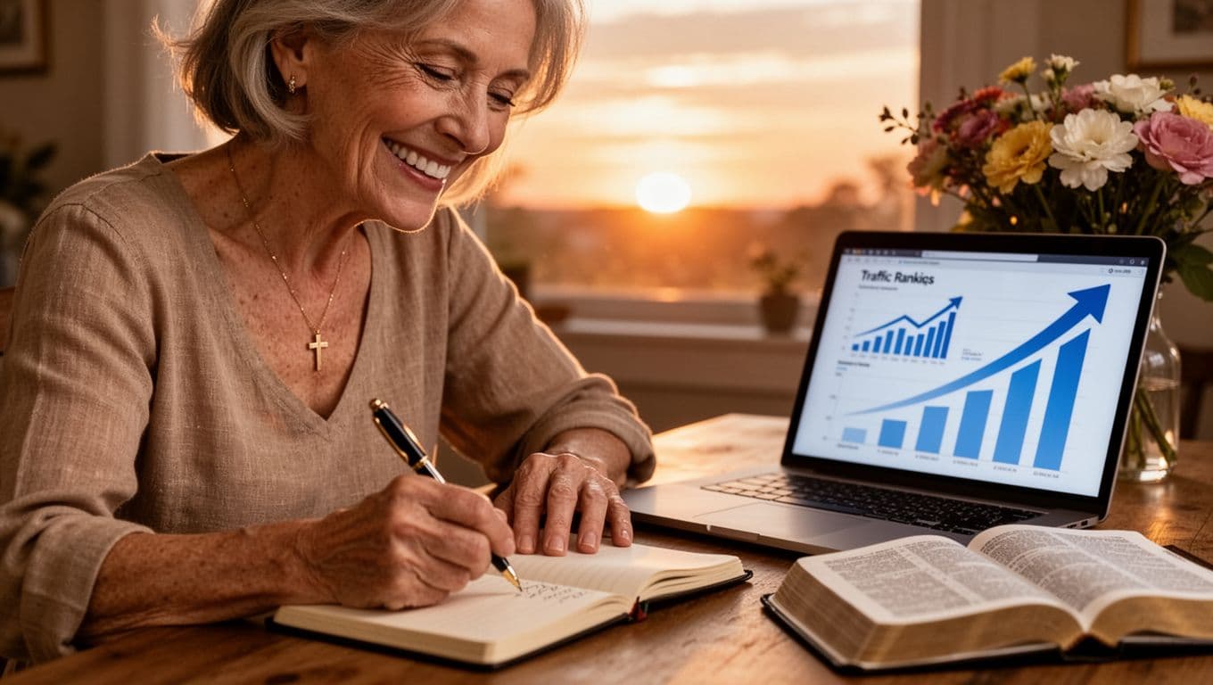 Close-up of a smiling woman in her 50s writing relaxed in a journal at golden hour sunset, with a nearby laptop showing upward charts for traffic and rankings, accented by a cross necklace and open Bible in a cozy floral home setting.