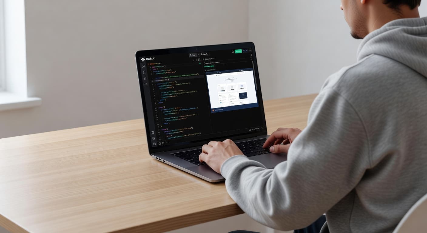 A person sits at a clean wooden desk focused on a laptop screen displaying a colorful code editor interface. Soft ambient daylight fills the room while highlighting a sleek professional setup.