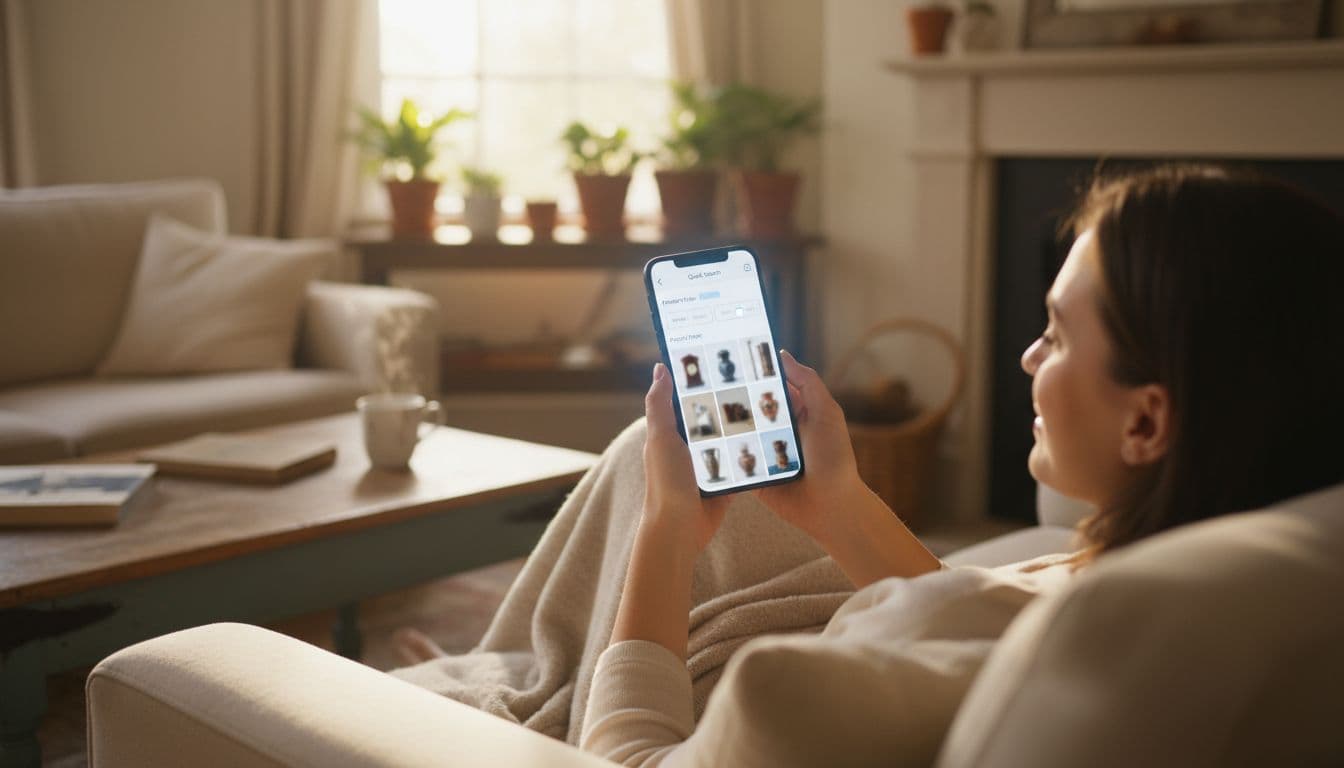 Shopper in cozy living room holds smartphone showing fast-loading e-commerce category page with search bar and filters for antiques and collectibles, relaxed pose in natural light.