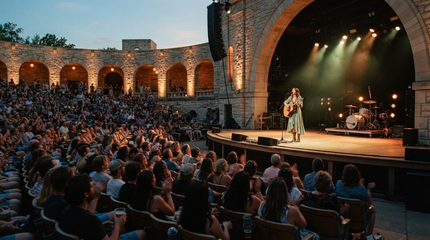 A solo musician performing on an outdoor stone stage during a warm summer evening concert.