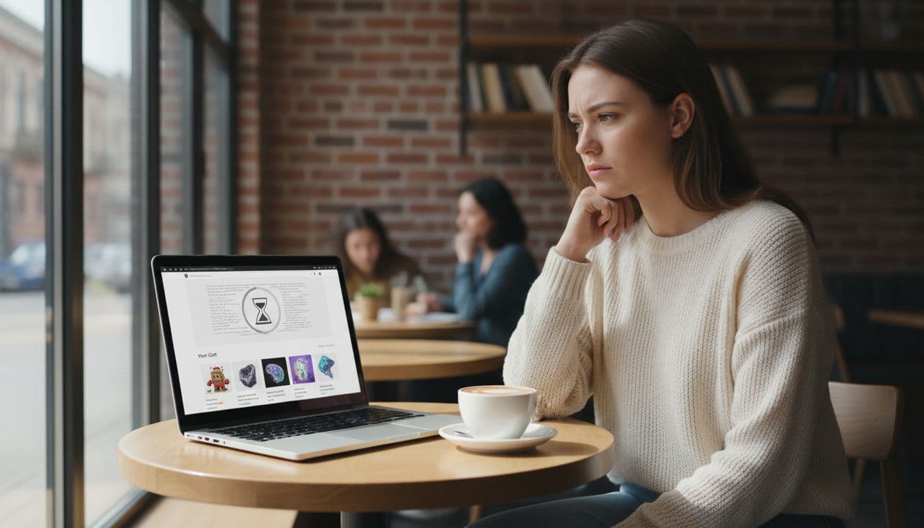 A frustrated person at a cafe table waits impatiently for a slow-loading e-commerce checkout cart on their laptop screen, featuring an hourglass icon amid natural daylight.