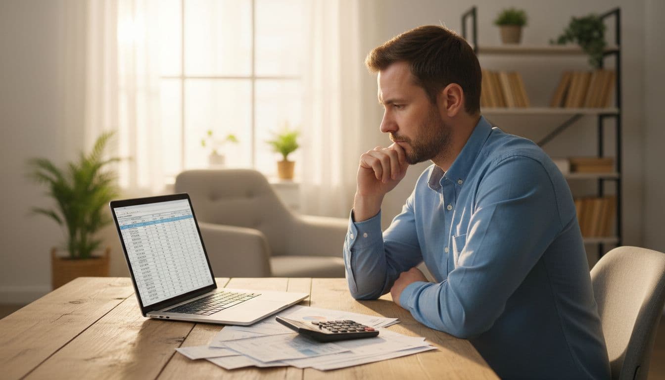 A small business owner sits at a wooden desk in his home office, thoughtfully reviewing a pricing comparison chart for Shopify, WooCommerce, and BigCommerce on his laptop, with a calculator and scattered bills nearby under warm natural light.