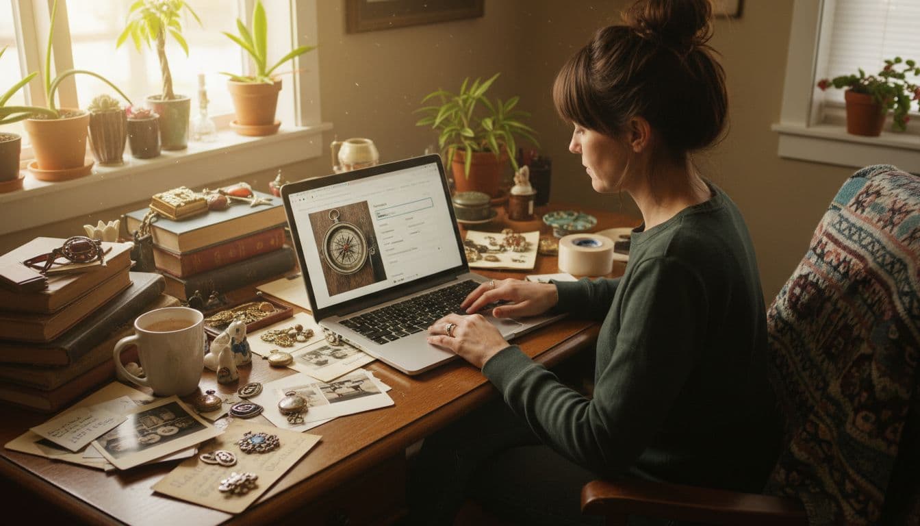 Small business owner sitting at cluttered desk in cozy home office, laptop screen showing product listing edit page with unique vintage item photo, hands on keyboard updating details, nearby scattered photos of antiques and collectibles, notes with prices, warm natural light from window, illustrating chaos of constant inventory updates for unique items.