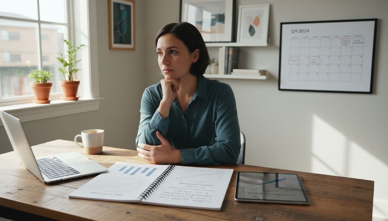 A thoughtful small business owner reviews charts and a calendar at a wooden desk in a bright home office, focusing on future growth in catalog size, traffic, team expansion, sales channels, and inventory over 12-24 months.