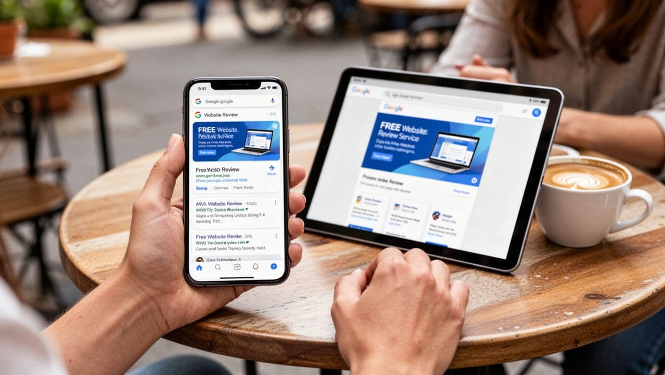 Realistic photo of smartphone in woman's hand displaying Google search results with free website review ad above organics, tablet on nearby cafe table showing landing page preview, coffee cup beside in casual outdoor setting with soft natural daylight.