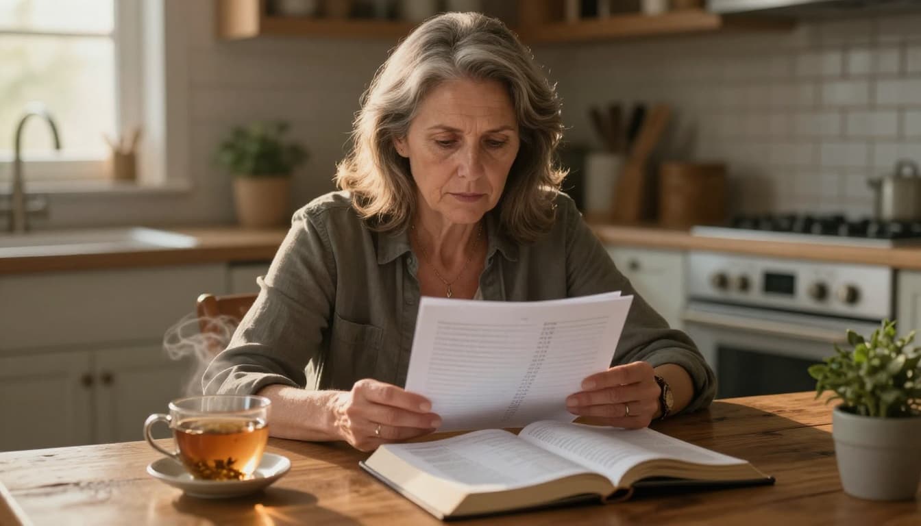 Realistic landscape photo of a thoughtful woman in her 50s with graying hair, seated at a rustic wooden kitchen table in warm golden hour light, examining faint checklist papers beside an open Bible, steaming herbal tea, and potted plant.