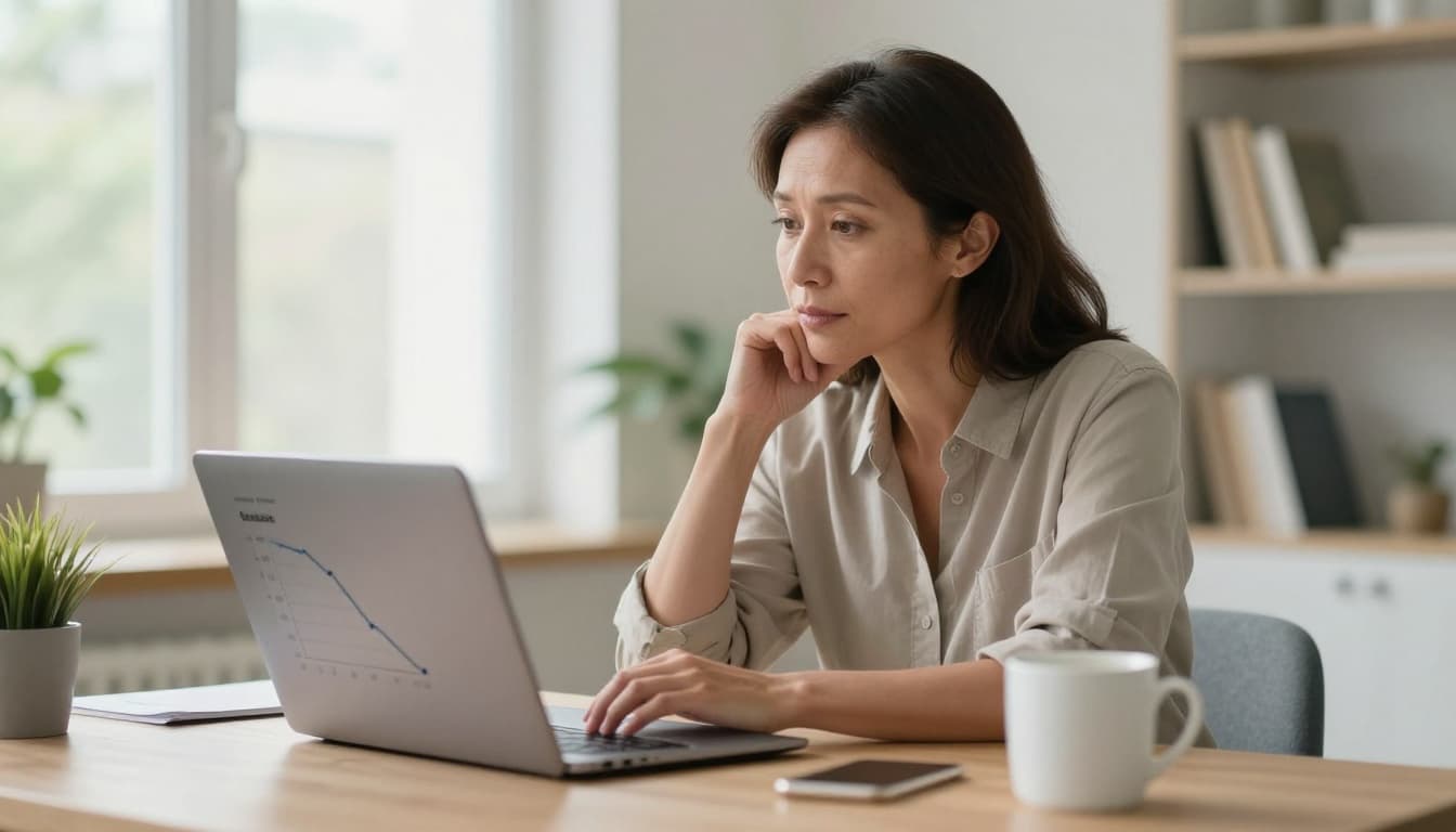 A middle-aged woman entrepreneur sits at her desk in a bright home office, gazing thoughtfully at a laptop screen displaying a downward-trending search ranking graph and backlink warnings, with a coffee mug nearby and natural window light.