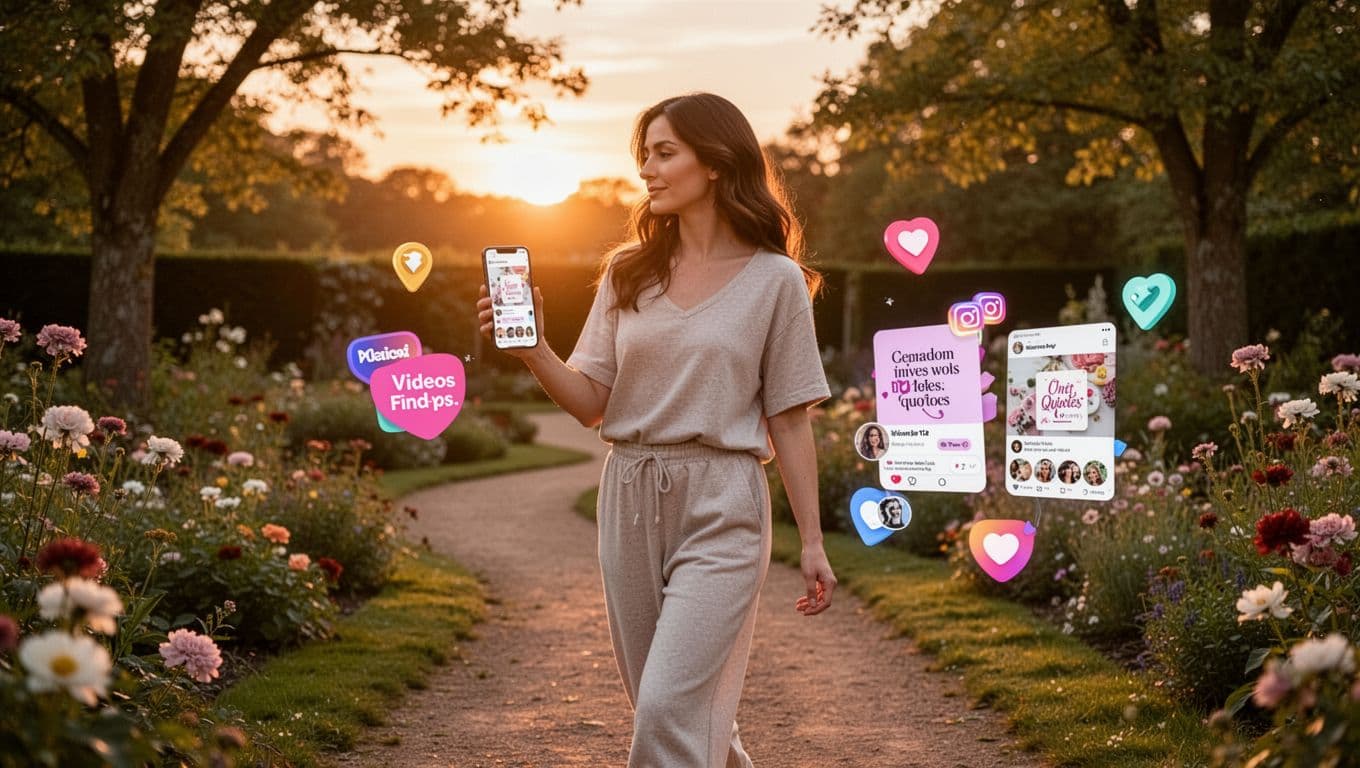 A woman in comfortable clothes walks relaxedly along a serene garden path at sunset, phone in hand viewing a social media feed with pins, videos, and quotes all linking to the same brand. Golden hour light illuminates trees and flowers in this inspirational, photorealistic landscape composition from a side partial face view.