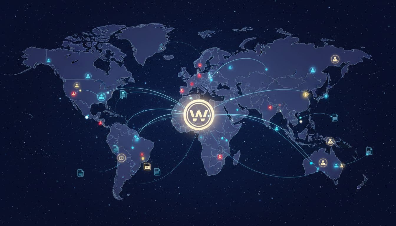 World map with glowing CDN nodes connected by lines, central US website icon, and international visitors accessing files from nearest nodes on a starry sky background.