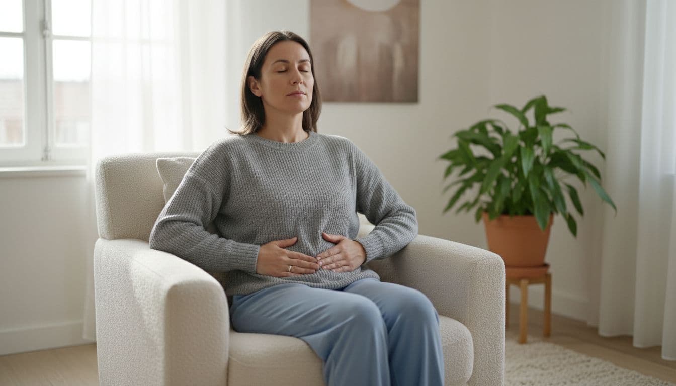 Adult sits in living room chair, eyes closed, hands on abdomen, soft daylight from window with plant.