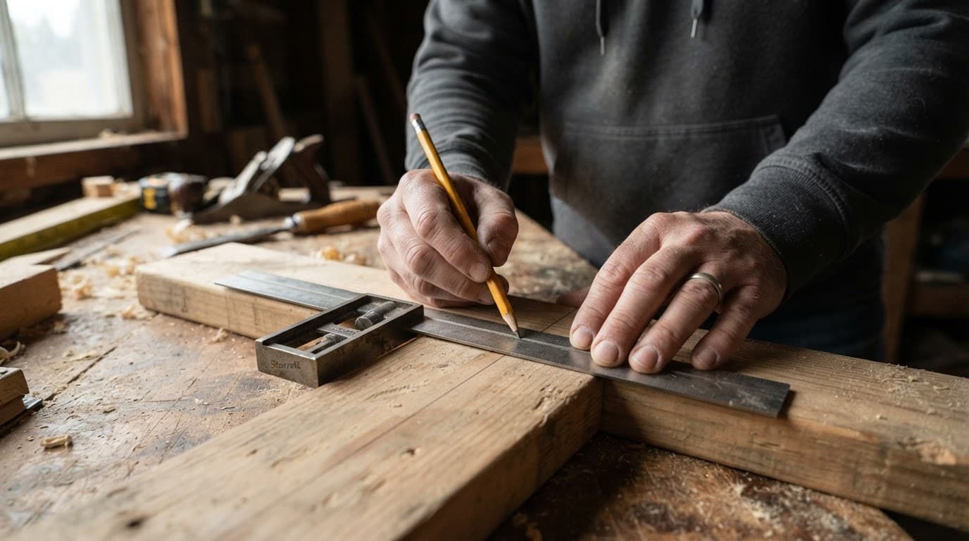 Close-up of hands using a square and pencil to measure pine wood on a workbench.