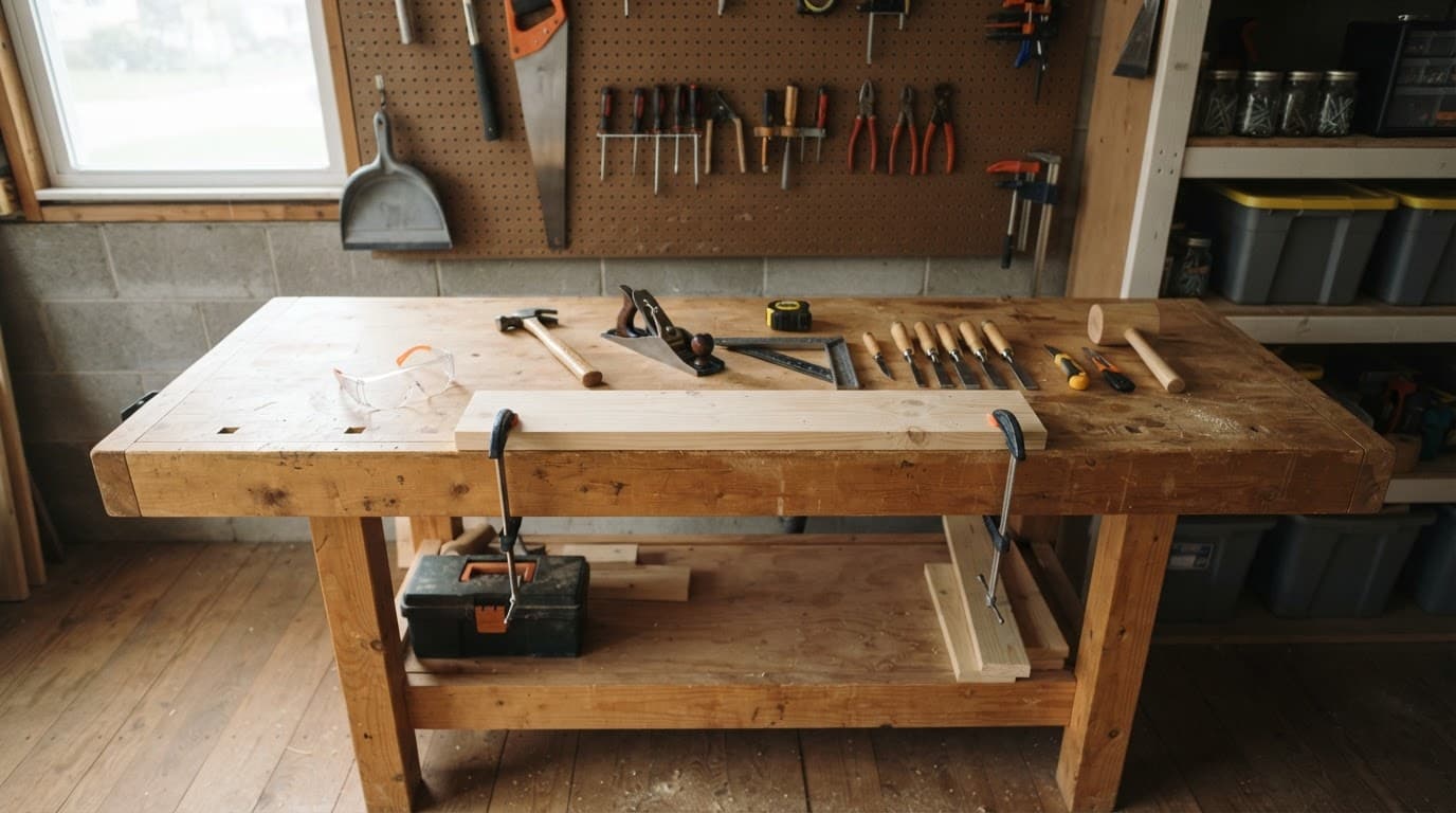 A tidy garage workbench with hand tools, safety glasses, and a wooden board.