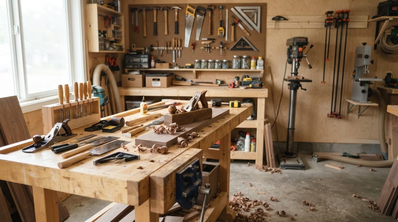 A tidy wooden workbench with organized hand tools and wood shavings on the floor.
