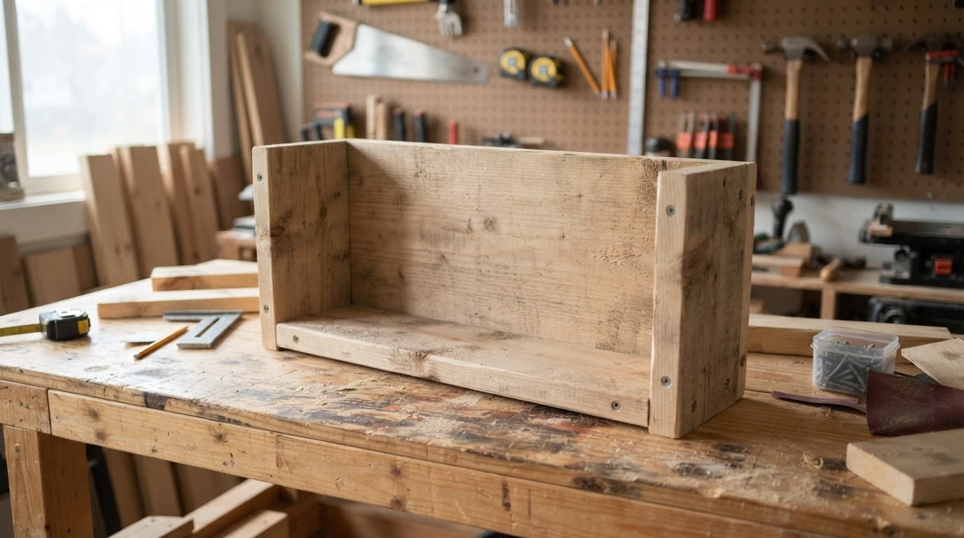 A simple handmade wooden shelf sitting on a wooden workbench in soft daylight.