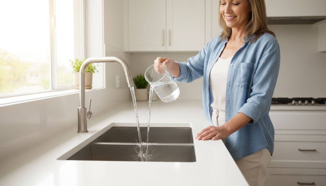Middle-aged homeowner smiles pouring water from pitcher into sink with clear fast drain.