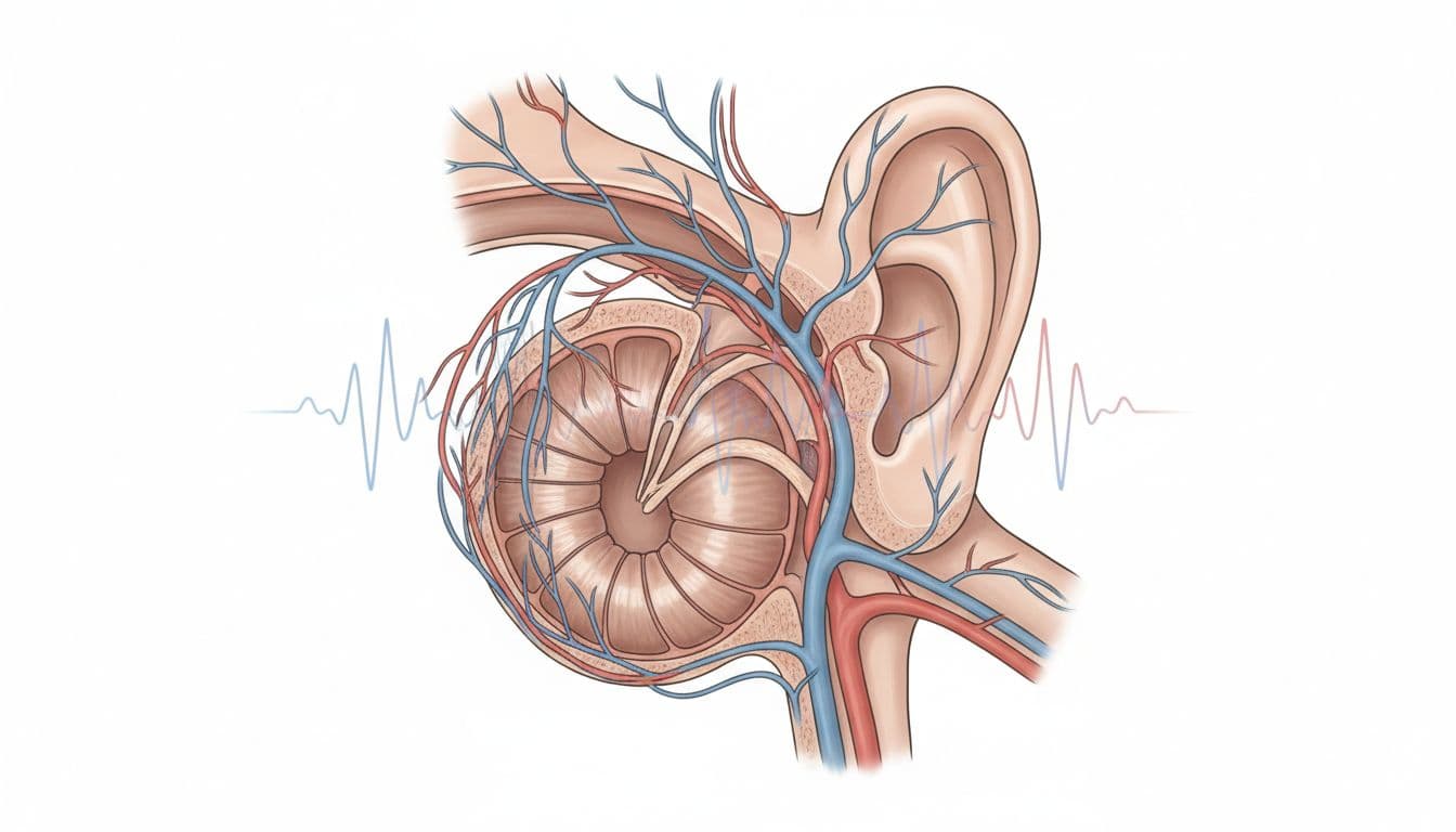 Diagram of inner ear anatomy highlighting blood vessels near ear canal with subtle pulsing effect.