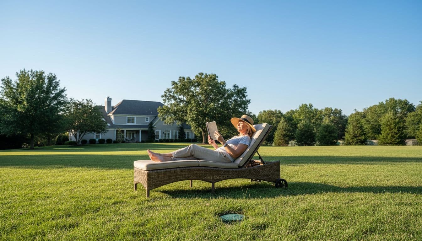 Homeowner lounges in chair on green backyard grass reading book under blue sky.