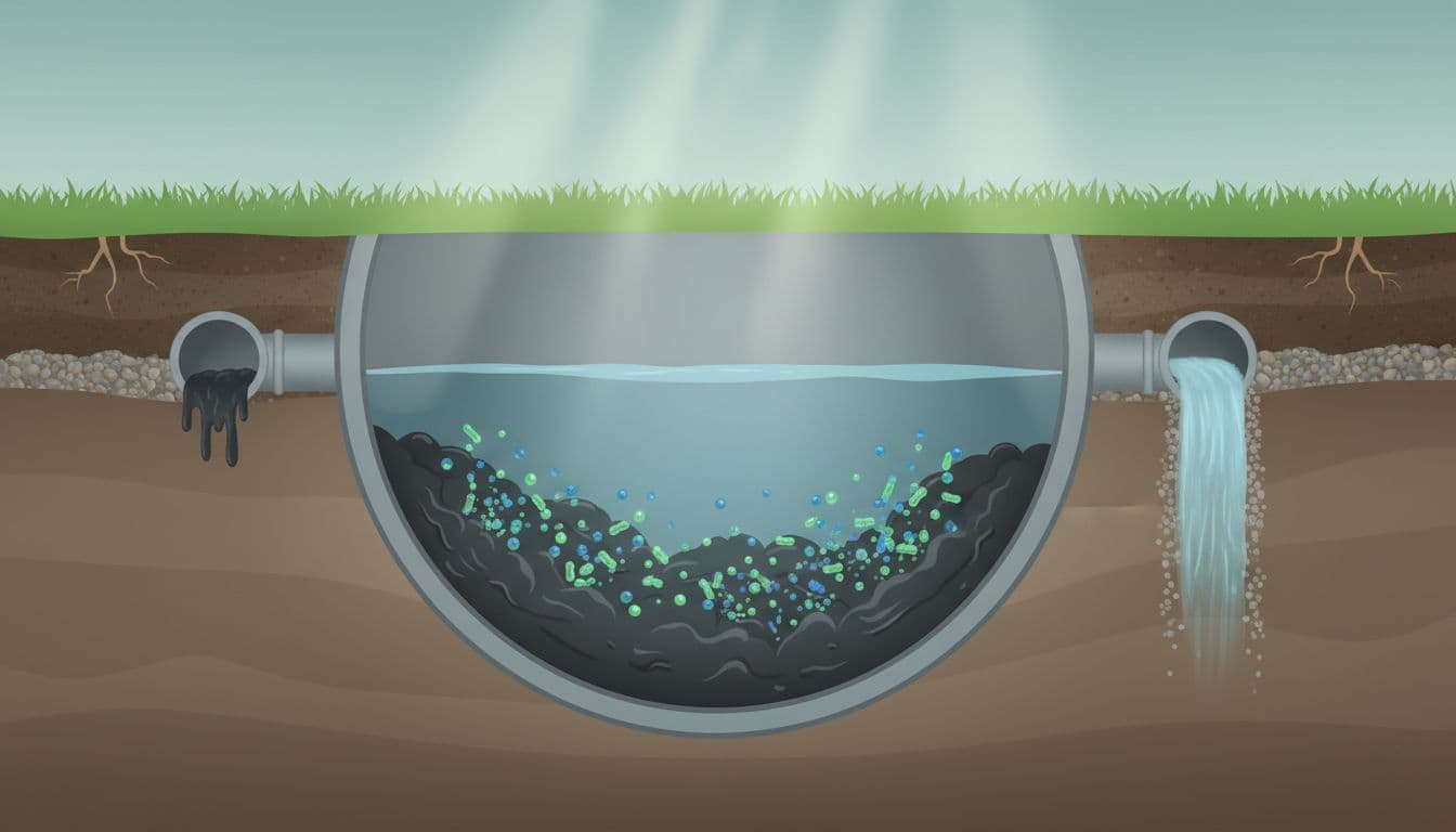 Cross-section of buried backyard septic tank with bacteria breaking down sludge into clear liquid and improved pipe flow.