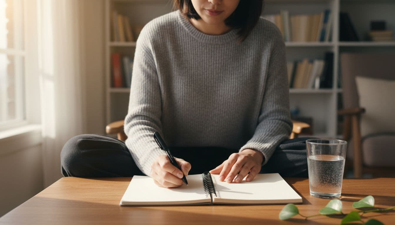 Person sits relaxed at home table, writing in simple notebook with pen and water glass nearby.
